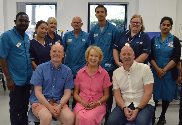 Donors Martin Wilson in blue and Martin Darwin in white with Carolyn Frost at Bristol Blood Donor Centre 4