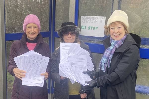 Jan Stone, Rita Allman and Jackie Cadwgan with the petition calling for a new bus service to Southmead Hospital earlier this year.